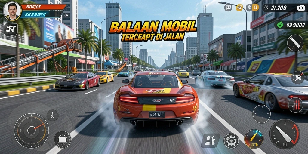 Screenshot gameplay 5RT menampilkan balapan mobil yang seru.