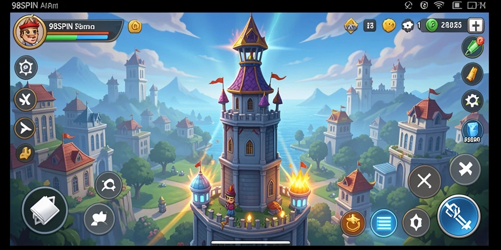 Tampilan gameplay <strong>98SPIN</strong> yang memukau dalam pertempuran Tower Defense.