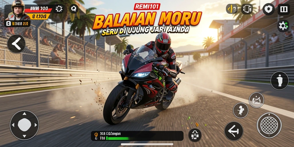 Tampilan gameplay seru dari REMI101 dengan balapan motor yang mendebarkan.