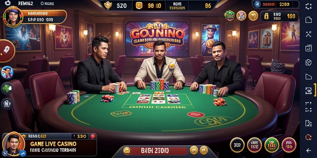 Screenshot gameplay REMI62 menunjukkan dealer langsung dan suasana kasino yang dinamis.