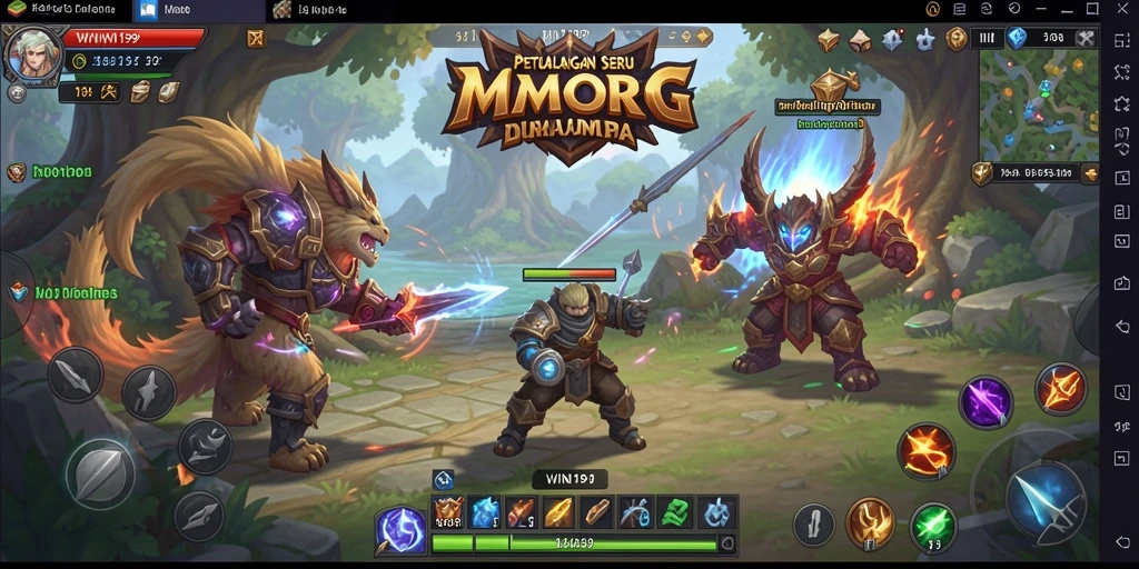 Tampilan utama gameplay <strong>WIN199</strong> dengan karakter sedang bertempur melawan monster di dunia fantastis.