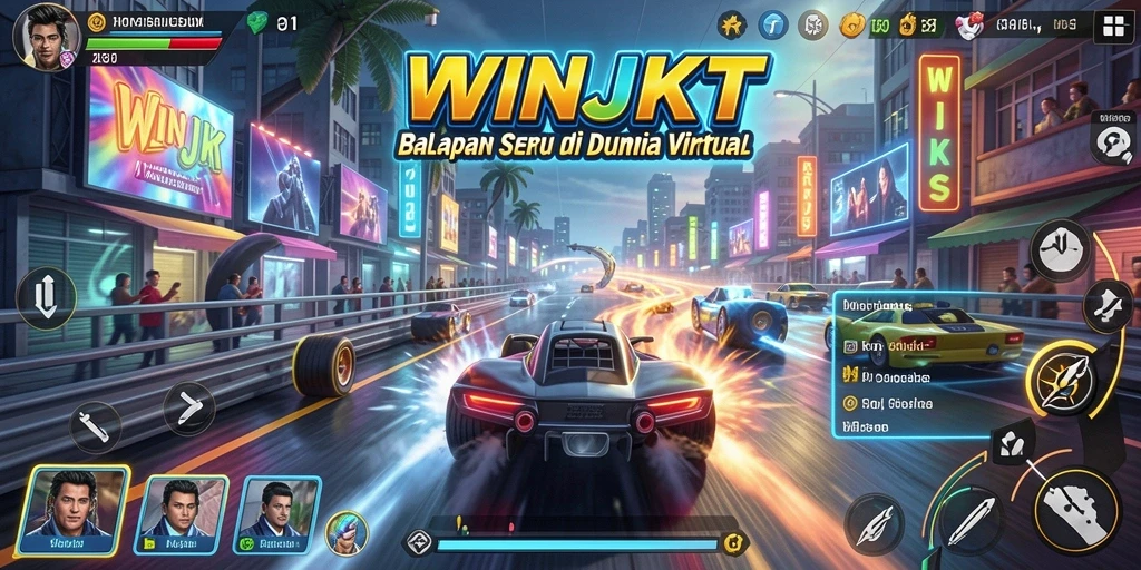 Screenshot gameplay WINJKT dengan balapan seru di lintasan.